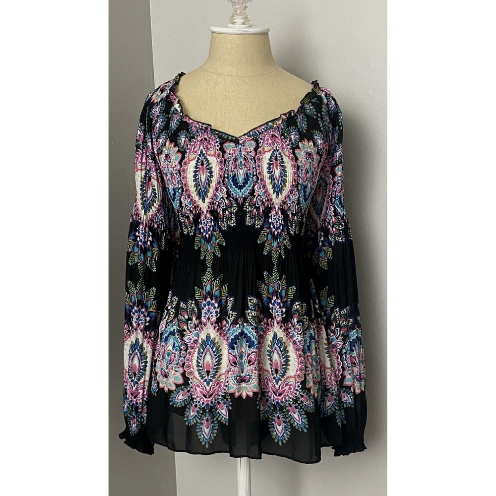 Womens‎ Long Sleeve Top XL Boho Peasant Blouse Black Paisley Floral Pleated